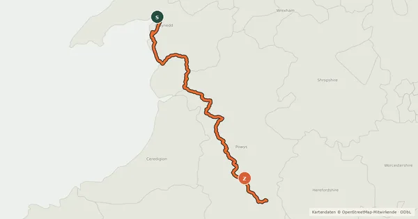 Kartenübersicht der Radroute Lôn Las Cymru (Central)