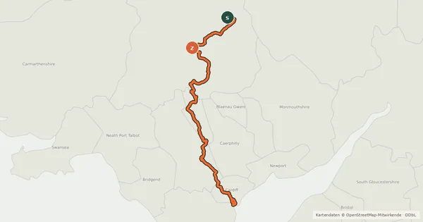 Kartenübersicht der Radroute Lôn Las Cymru (South)