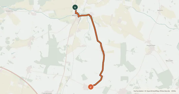 Kartenübersicht der Radroute Meyenburg (90) - Meyenburg (98)