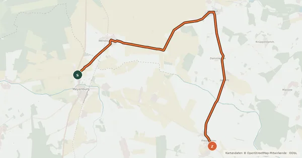 Kartenübersicht der Radroute Meyenburg (90) - Wittstock (95)