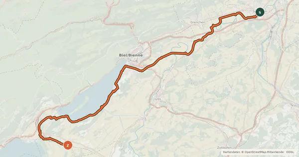 Kartenübersicht der Radroute Mittelland-Route