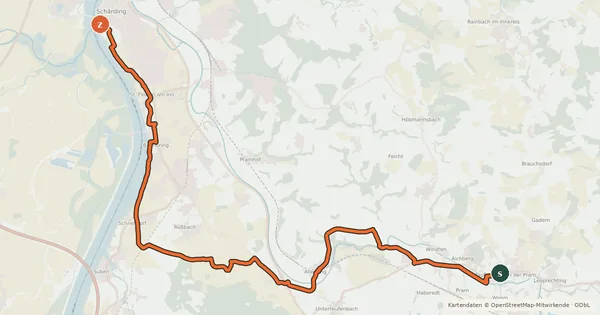 Kartenübersicht der Radroute MTB Schärding-Taufkirchen