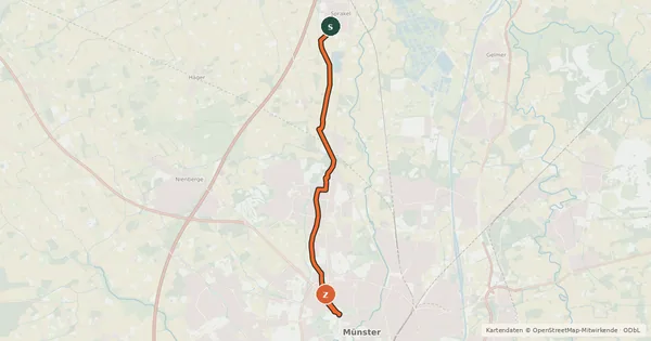 Kartenübersicht der Radroute Münster (28) - Münster (83)