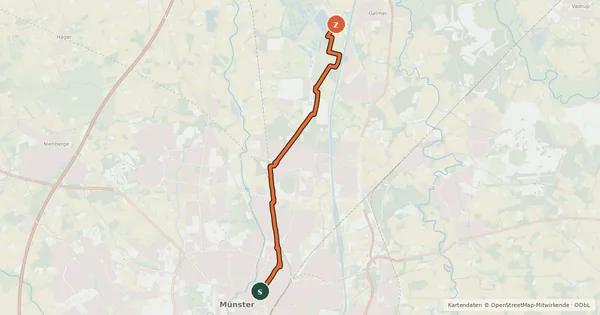 Kartenübersicht der Radroute Münster (45) - Münster (53)