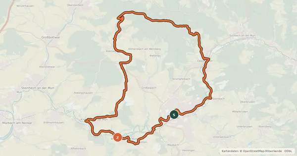 Kartenübersicht der Radroute Murrtal-Aspacher Weinberge