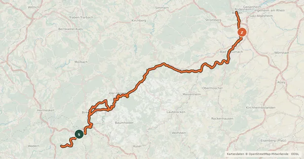 Kartenübersicht der Radroute Naheradweg