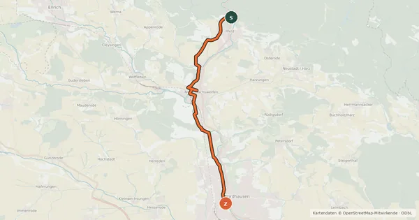 Kartenübersicht der Radroute NDH 6 (Ilfeld - Nordhausen)