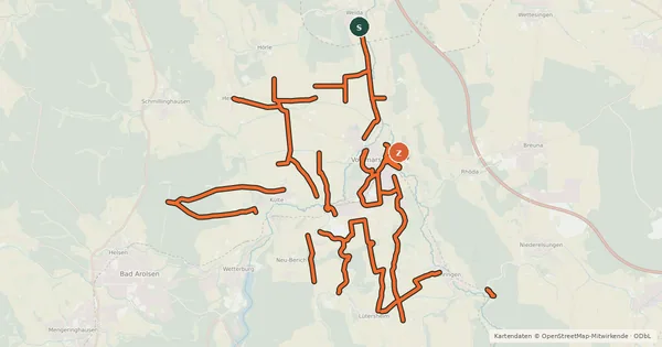 Kartenübersicht der Radroute Nebenrouten Volkmarsen (ohne Beschilderung)