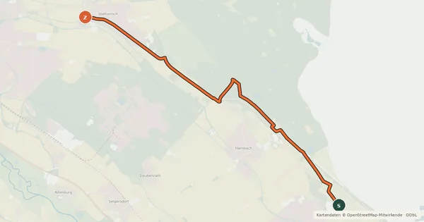 Kartenübersicht der Radroute Niederzier (94) - Jülich (95)