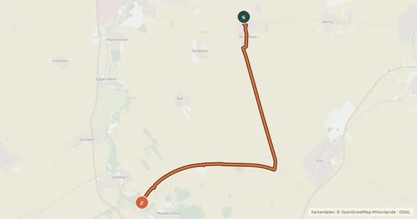 Kartenübersicht der Radroute Nörvenich (52) - Vettweiß (54)