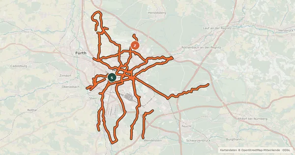 Kartenübersicht der Radroute Nürnberg Stadtnetz