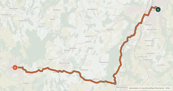 Kartenübersicht der Radroute Oberschwäbischer Jakobus-Radpilgerweg - Etappe 4
