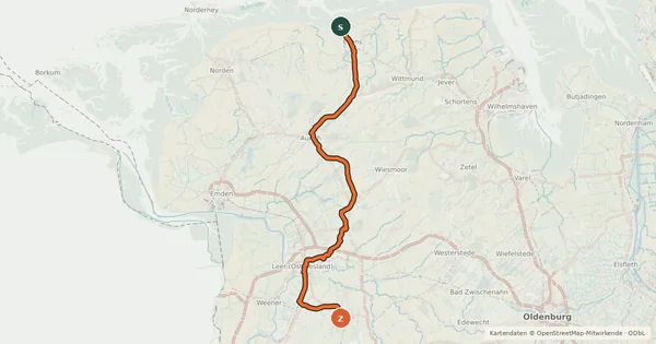 Kartenübersicht der Radroute Ostfriesland-Wanderweg