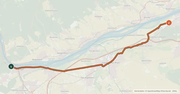 Kartenübersicht der Radroute Pendlerradroute Bingen-Mainz