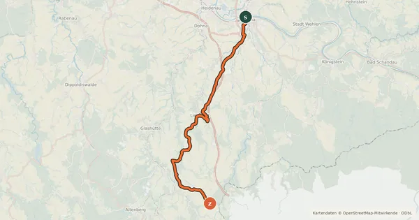 Kartenübersicht der Radroute Pirna – Altenberg