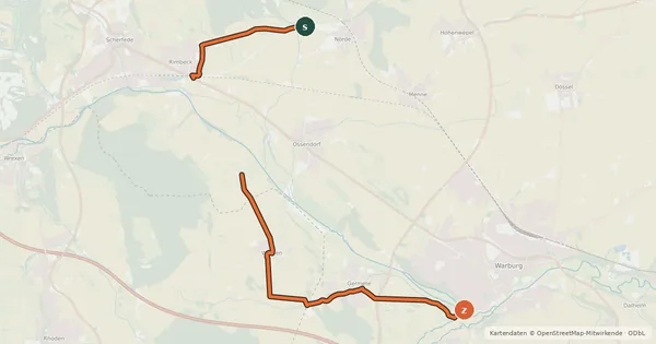 Kartenübersicht der Radroute R1a Hardehausen (Warburg) - Alternativen