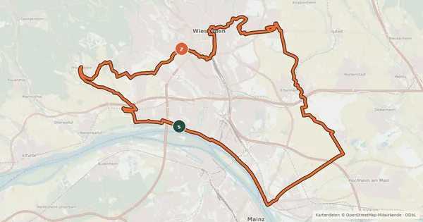 Kartenübersicht der Radroute Radachter Wiesbaden - Südschleife