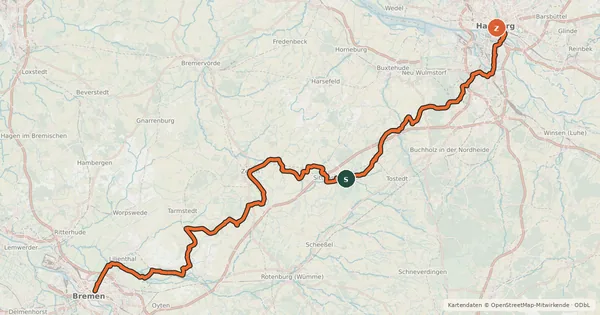 Kartenübersicht der Radroute Radfernweg Hamburg-Bremen
