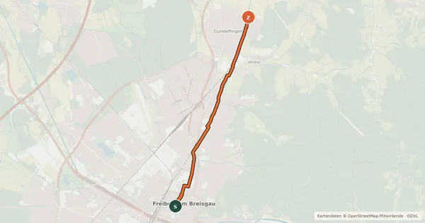 Kartenübersicht der Radroute RadNETZ Freiburg - Gundelfingen