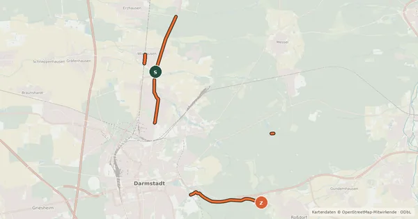 Kartenübersicht der Radroute Radnetz Stadt Darmstadt