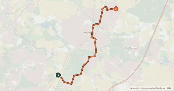 Kartenübersicht der Radroute Radroute A7 Brauner Hirsch <=> Gewerbegebiet Ahbg. Nord