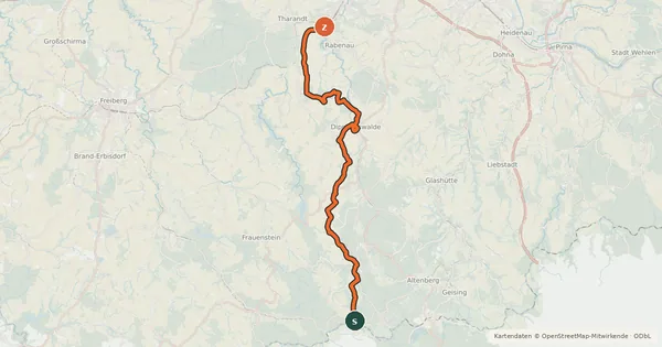 Kartenübersicht der Radroute Radroute Altenberg–Freital