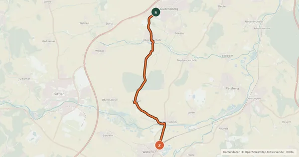 Kartenübersicht der Radroute Radroute Gudensberg - Wabern