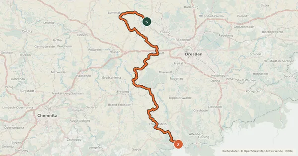 Kartenübersicht der Radroute Radroute Meißen–Osterzgebirge