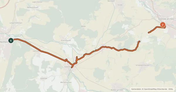 Kartenübersicht der Radroute Radroute Northeim - Osterode/Harz