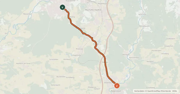 Kartenübersicht der Radroute Radroute Regenstauf - Ponholz - Burglengenfeld