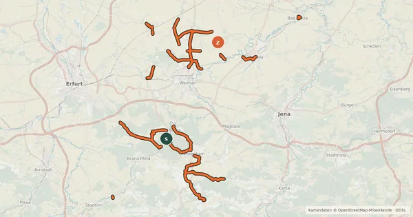 Kartenübersicht der Radroute Radroutennetz Weimar / Weimarer Land