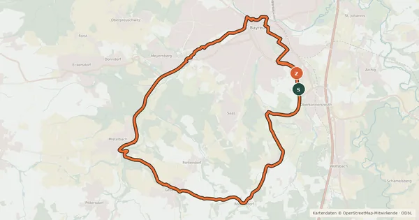 Kartenübersicht der Radroute Radrundweg Bayreuth BT 7