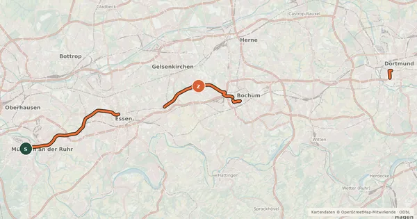 Kartenübersicht der Radroute Radschnellweg Ruhr (RS1)