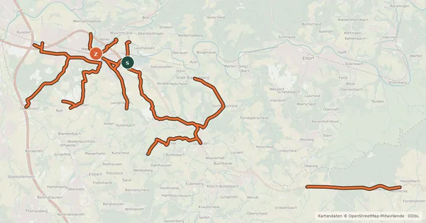 Kartenübersicht der Radroute Radverkehrsnetz Hennef