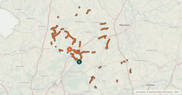 Kartenübersicht der Radroute Radverkehrsnetz NRW, Kreis Coesfeld