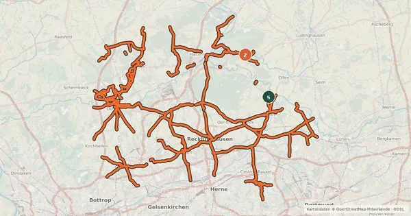 Kartenübersicht der Radroute Radverkehrsnetz NRW, Kreis Recklinghausen
