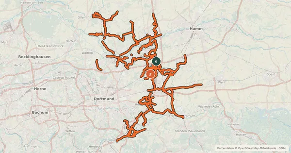 Kartenübersicht der Radroute Radverkehrsnetz NRW, Kreis Unna