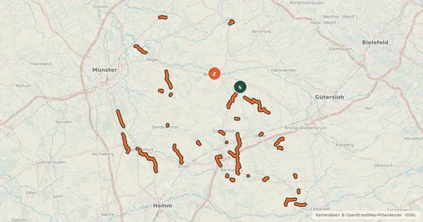 Kartenübersicht der Radroute Radverkehrsnetz NRW, Kreis Warendorf
