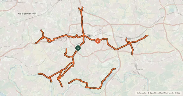 Kartenübersicht der Radroute Radverkehrsnetz NRW, Stadt Bochum