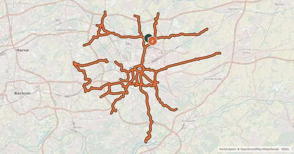 Kartenübersicht der Radroute Radverkehrsnetz NRW, Stadt Dortmund