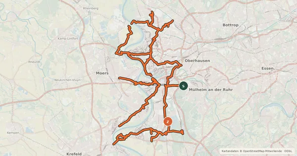 Kartenübersicht der Radroute Radverkehrsnetz NRW, Stadt Duisburg