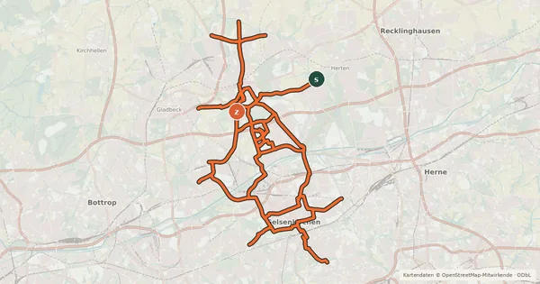 Kartenübersicht der Radroute Radverkehrsnetz NRW, Stadt Gelsenkirchen
