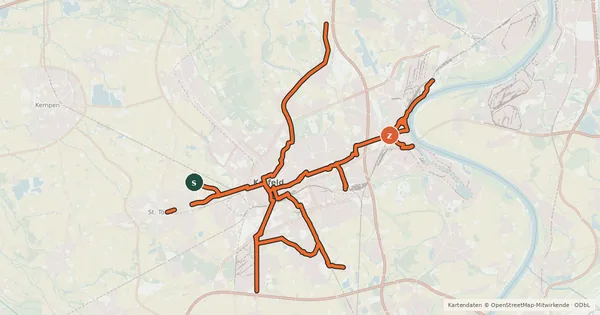 Kartenübersicht der Radroute Radverkehrsnetz NRW, Stadt Krefeld