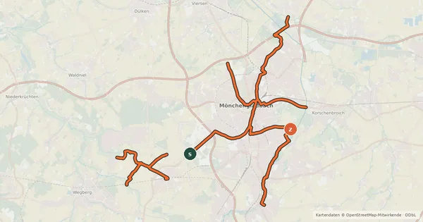 Kartenübersicht der Radroute Radverkehrsnetz NRW, Stadt Mönchengladbach