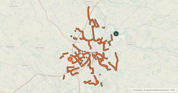 Kartenübersicht der Radroute Radverkehrsnetz NRW, Stadt Münster