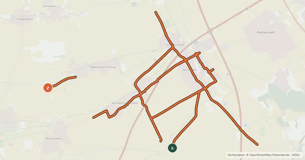 Kartenübersicht der Radroute Radverkehrsnetz RP-Dannstadt-Schauernheim