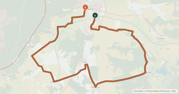 Kartenübersicht der Radroute Radwanderweg F5, Beelitz - Rieben - Beelitz