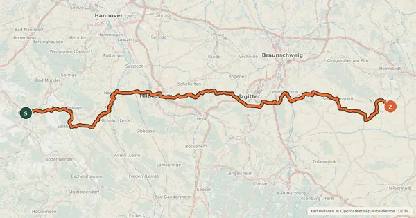 Kartenübersicht der Radroute Radweg Berlin-Hameln (Teilstrecke Niedersachsen)