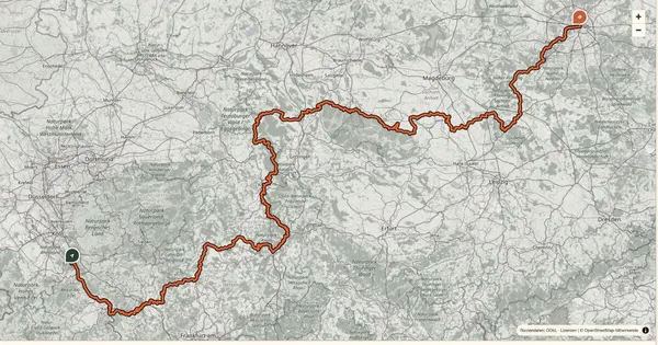 Kartenübersicht des Radwegs Deutsche Einheit von Bonn bis Dessau