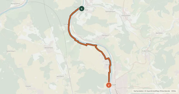 Kartenübersicht der Radroute Radweg Karlstadt-Wernfeld linksmainisch